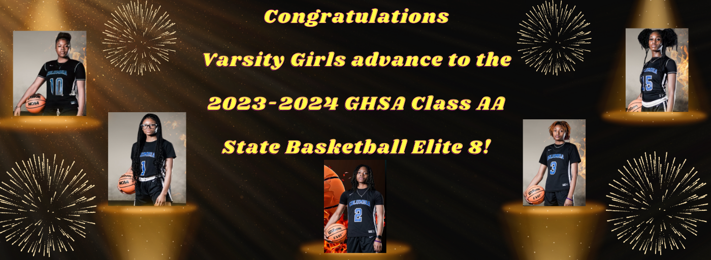 Varsity Girls Elite 8, black background with gold fireworks, photos of 5 players