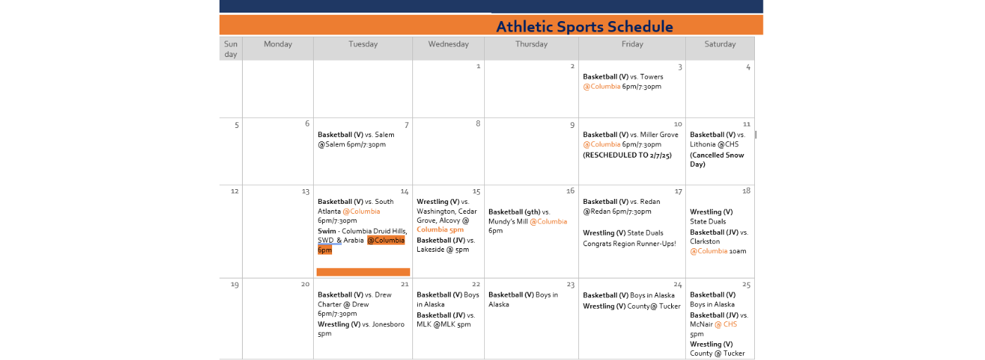 Columbia High School Boys January Schedule